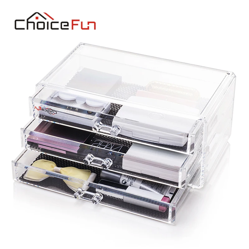 CHOICE FUN Make Up Storage Box Acrylic Makeup Organizer 3 Drawers Plastic Cosmetic Lipstick Nail Polish Storage SF-1005-1