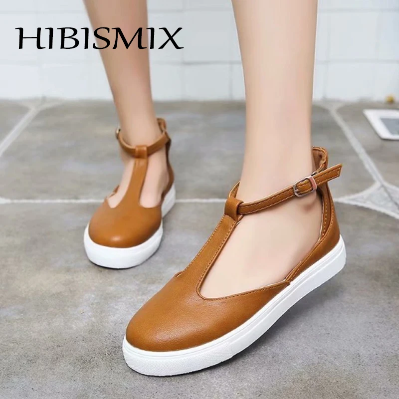

HIBISMIX 2019 Spring Women Buckle T-Strap Shoes Plus Size Gold Women Casual Platform Flats Female Flat Shoes 1340