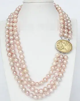 

18" 3row Strand 9mm pink-purple pearls necklace cameo seashell clasp j9375