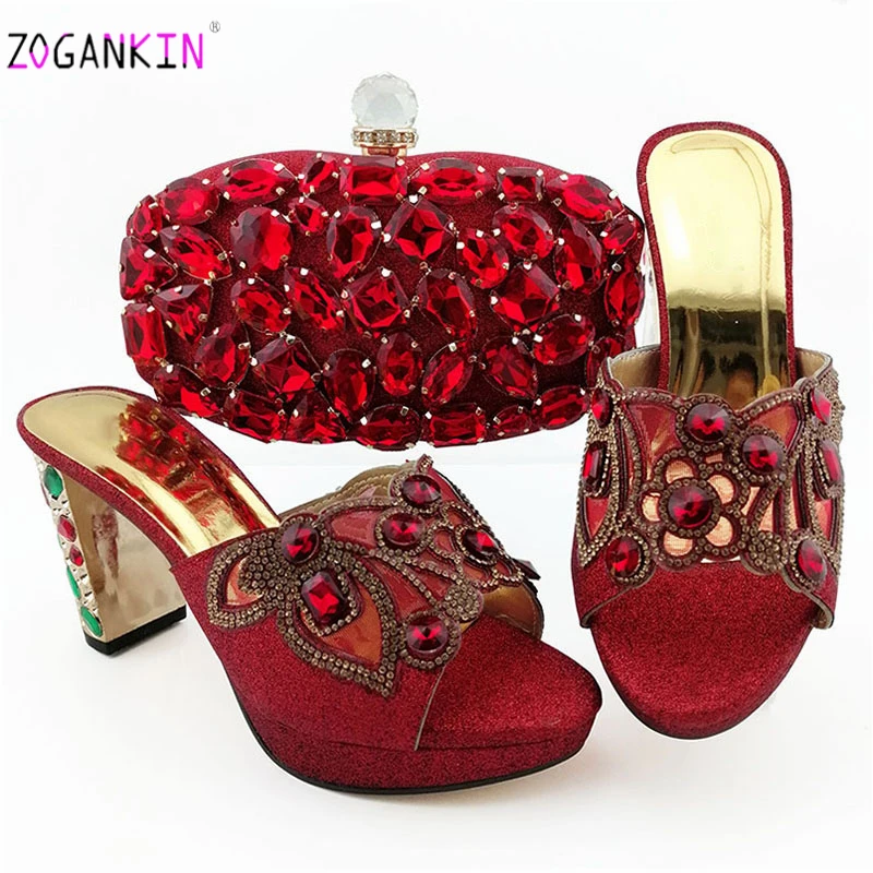 

2019 Italian Red Color Nigerian Shoes with Matching Bags Big Crystal Women Pumps and Bag To Match ladies Wedding Slippers