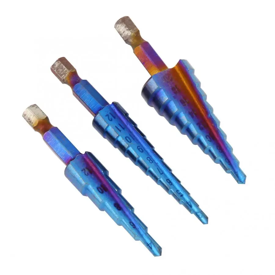 3 Pcs Pagode Hole Cutter Blue Plating Pagode Shape Hole Cutter Hex Shank Stepped Drill Bit Cut Tool