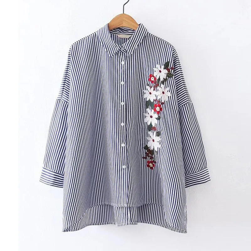 

Women Elegant Flower Embroidery Loose Shirts Long Sleeve Blouse Turn Down Collar Casual Tops Irregular Striped Blusas Office OL