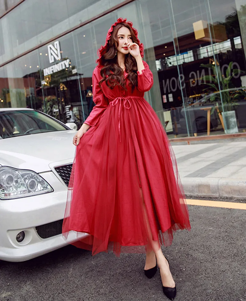 

Vintage Mesh Hooded Collar Red Windbreaker Autumn Women Lace Up Slim Long Trench Coat Dress Office Lady Outerwear Abrigos Mujer