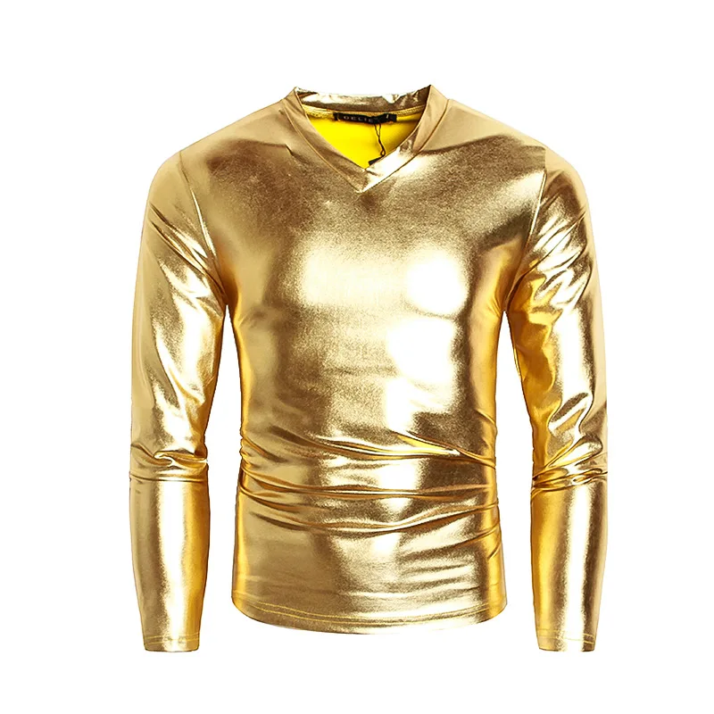 

Helisopus Men Long Sleeve Shiny Sliver Metallic Tops T shirt V Neck T-shirt for Men Party Nightclub Perform T-Shirts