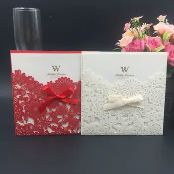 

100pcs Square Beige Laser Cut Lace Flower pattern Invitations Cards for Engagement Wedding Birthday Graduation Anniversary