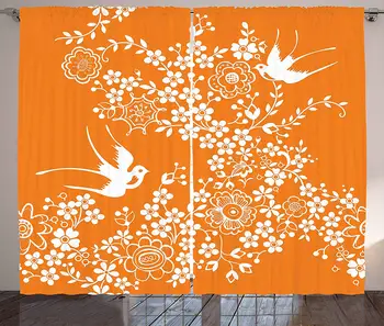 

Orange and White Curtains Asian Flora and Fauna Doodle Style Bird Silhouettes and Flowers Living Room Bedroom Window Decor