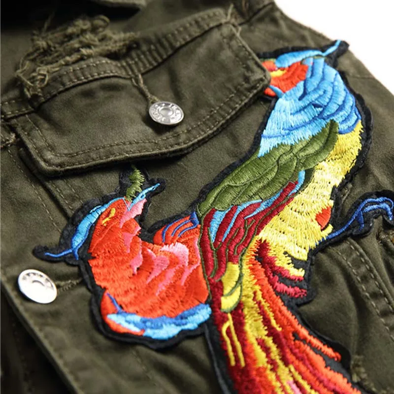 Newsosoo Fashion Style Men's Ripped Denim Vest Hip Hop Embroidery Flower Phoenix Jeans Jacket Waistcoat For Male  (1)