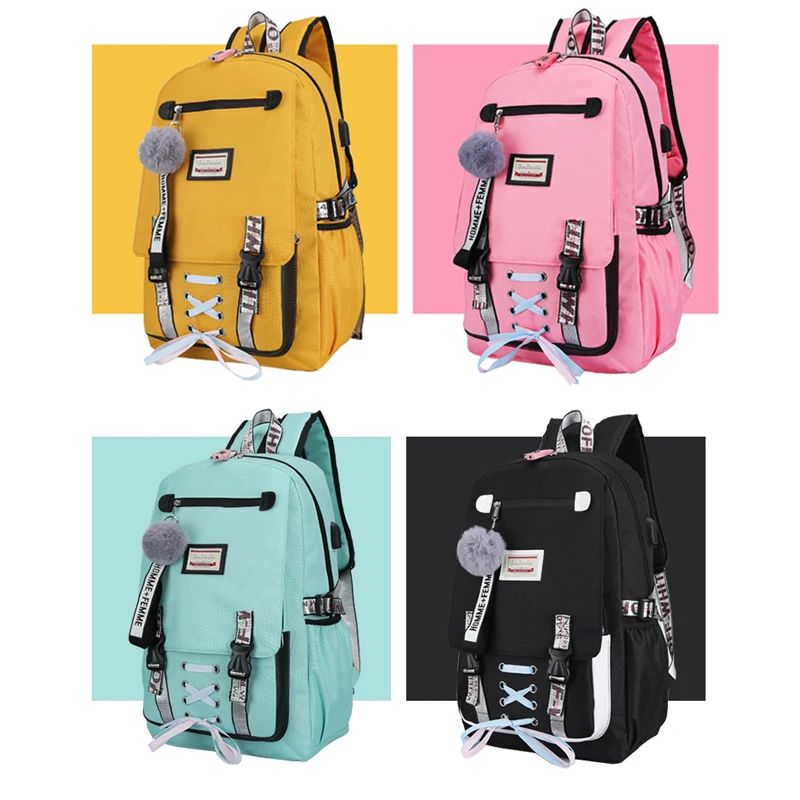 Рюкзак с USB защитой от кражи для девочек-подростков, нейлоновые школьные сумки, женский рюкзак, Большой Вместительный черный рюкзак для студентов