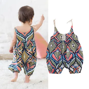 

2018 NEW Newborn Infant Baby Girls Sleeveless Floral Stripe Boho Haren Romper Pants Summer Floral Clothing