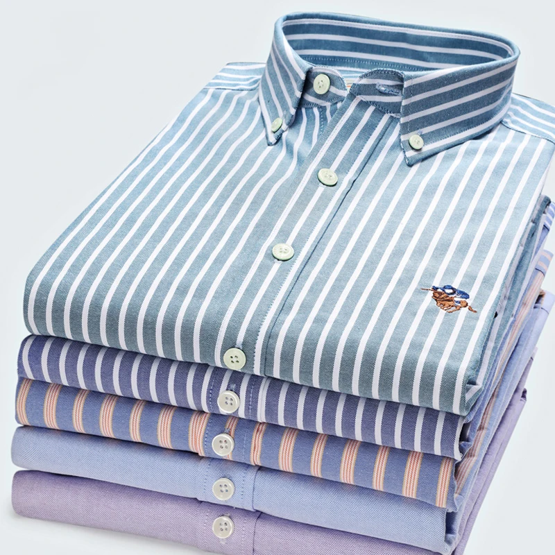 

High Quality Fashion 100% Cotton Stripe Twill Solid Color Casual Formal Oxford Long Sleeve Shirt With LOGO Slim Yellow Pink Blue
