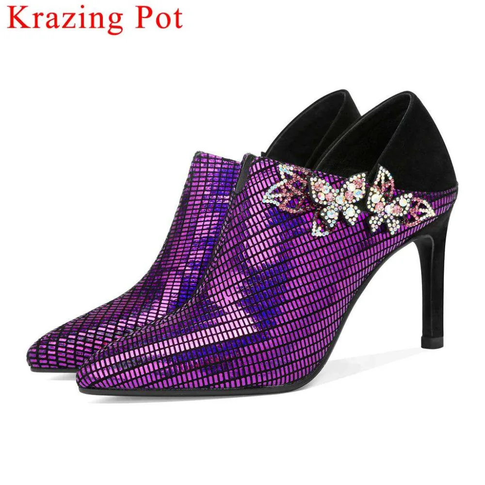 

2019 elegant lady sheep leather purple 8cm thin heels zipper colorful crystals butterfly accessories celebrity party pumps L85