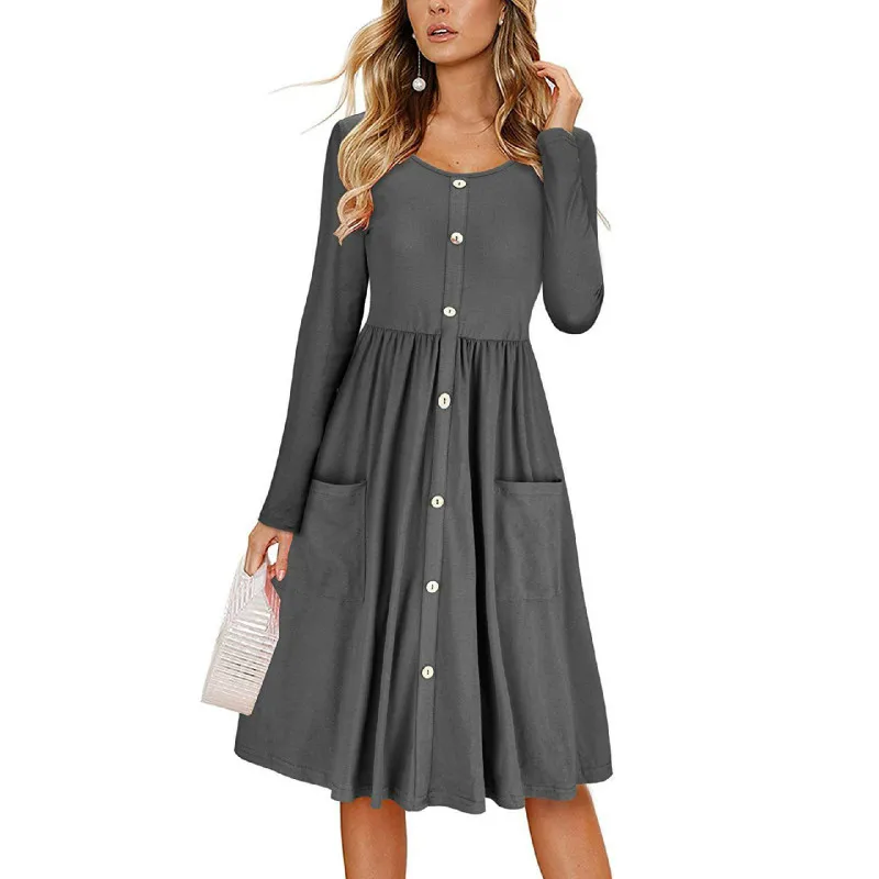 2018 New Autumn Winter Dress Women Long Sleeve Button Pocket Slim Elegant Dress Pure Color Party Dress Dresses