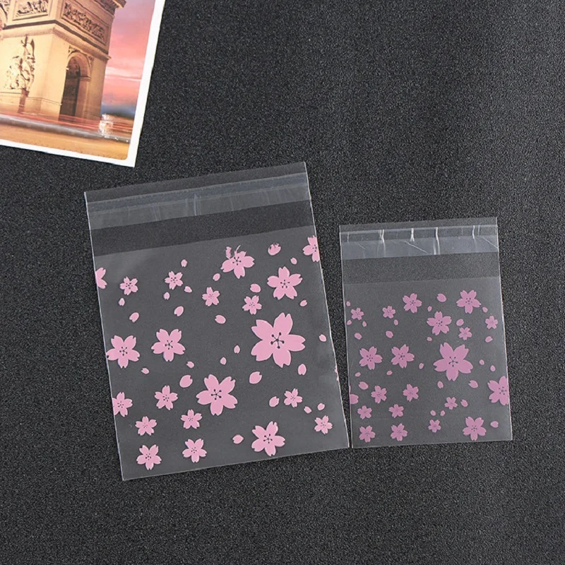 50p Lovely Pink Cherry Blossoms Cookie Bag Cute Candy Selfadhesive Plastic Packing Bags For