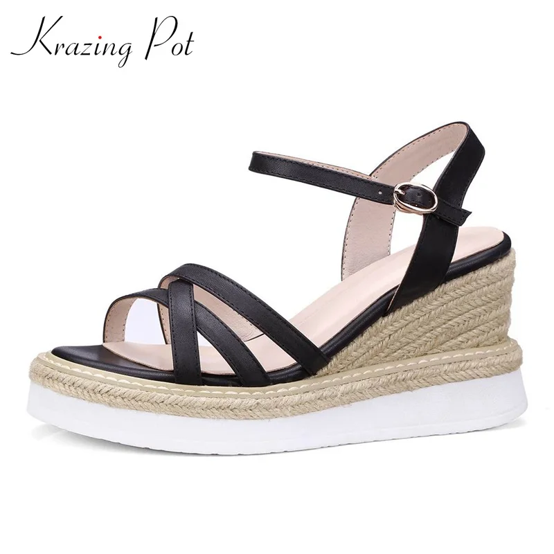 

Krazing pot cow leather handmade straw decorations thick bottom party beach shoes Rome gladiator woman increased sandals L3f1