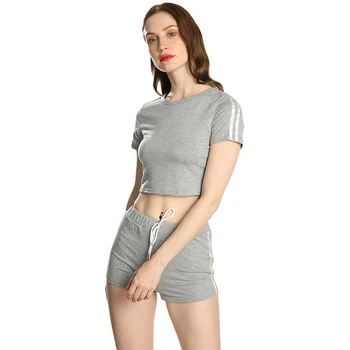 

2019 Fashion summer Women Shorts and Crop Top Set Round Neck Short Sleeve Stripe grey female Sets