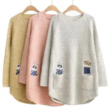 iSHINE Autumn Ladies Hot Sale Kitten Pattern Embroidery Loose Fit Pullover Long Knit Sweater Knit Sweater Women Sweater
