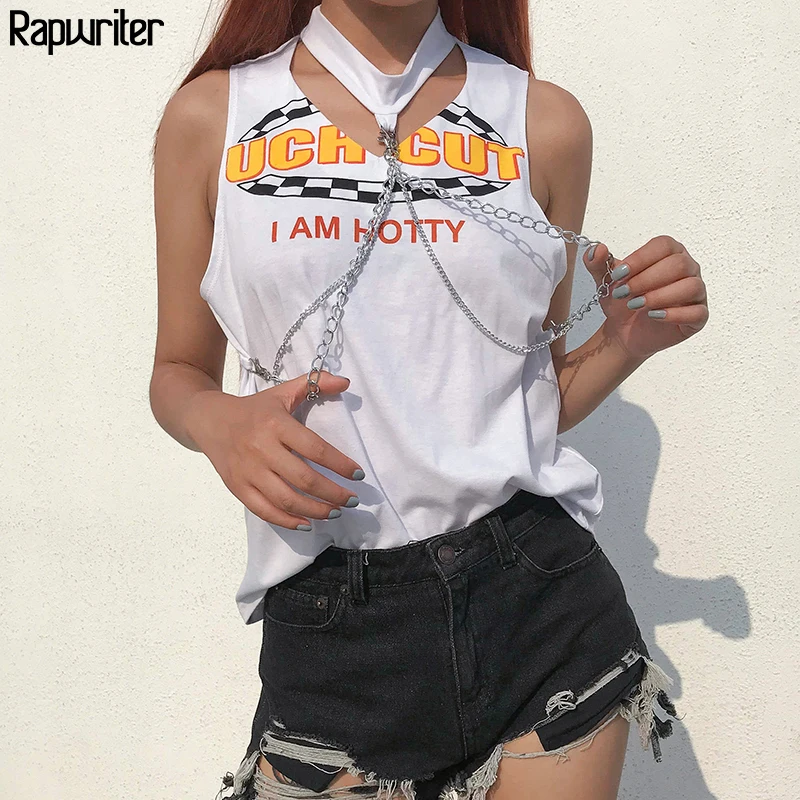 

Rapwriter Punk Style Hollow Out Patchwork Chain Letter Halter Tank Tops Women 2019 Summer Sleeveless Stretch Loose Tops Female