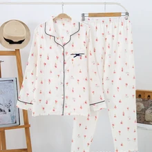 Для женщин пижамный комплект Весна креп Хлопковая пижама Femme с длинными рукавами Домашняя одежда милая домашняя Mujer