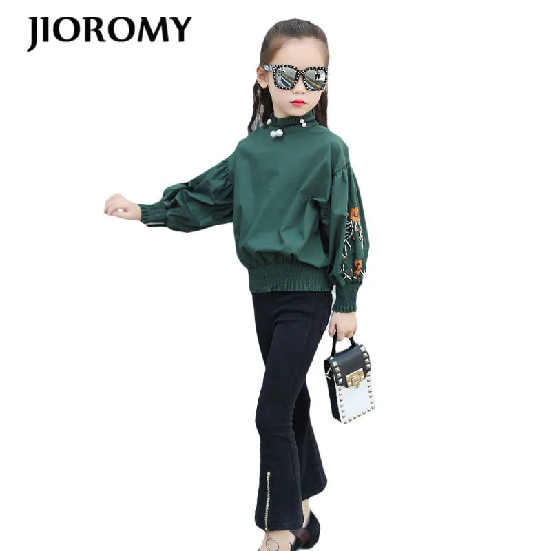 JIOROMY/футболка для девочек коллекция года, осенняя Однотонная футболка с длинными рукавами и вышивкой и высоким воротником для крупных девочек, детская одежда, футболка - Цвет: Зеленый