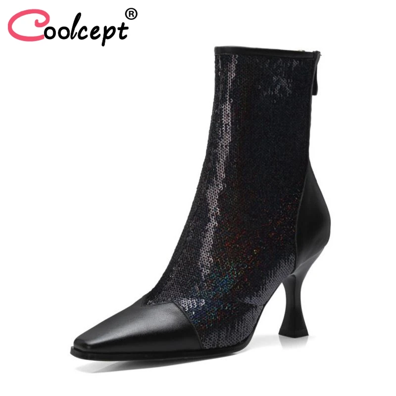 

Coolcept Size 34-43 Women High Heel Boots Real Leather Zipper Mixed Color Mid Calf Boots Ornate Fashion Shoes Woman Footwear