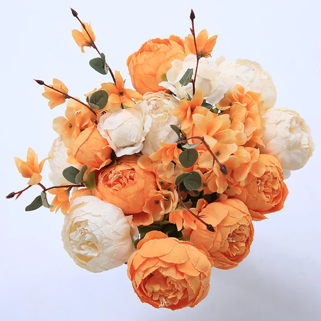 CHENCHENG 13 ветвей искусственный шёлковый Пион Букеты поддельные розы большие цветы для свадебной вечеринки офиса отеля и украшения дома - Цвет: Type5 orange