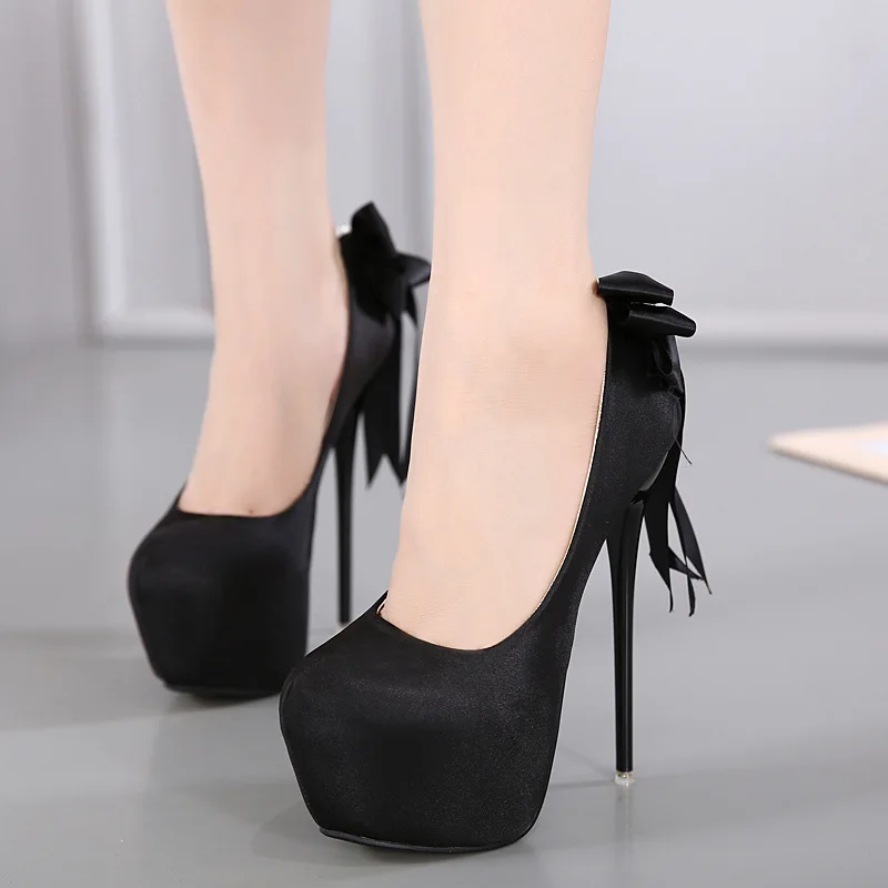Женские пикантные модельные вечерние туфли женские туфли-лодочки на каблуке 16 см пикантные тонкие атласные туфли на высоком каблуке с круглым носком, украшенные большим бантом - Цвет: black