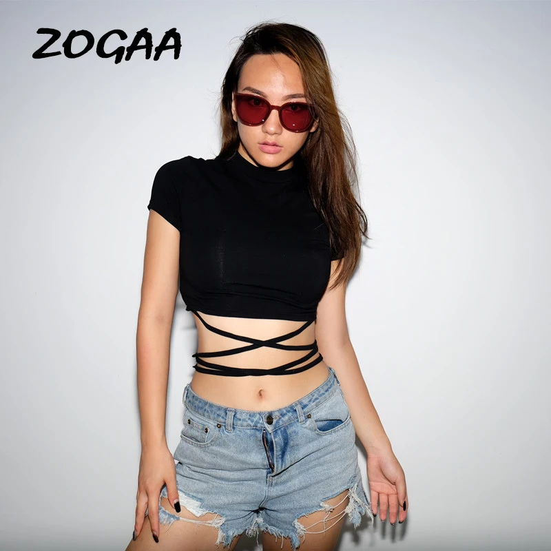 

ZOGAA 2019 Sexy Party Women T Shirts Tops Fitness Short Sleeve Short Crop Tops T Shirts Streetwear Black Lace Up Harajuku Shirts