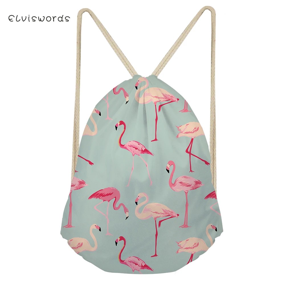 ELVIAWORDS Flamingo Pattern Small Women Drawstring Backpack Travel Female Bag School Girls Satchel Casual Shopping Beach