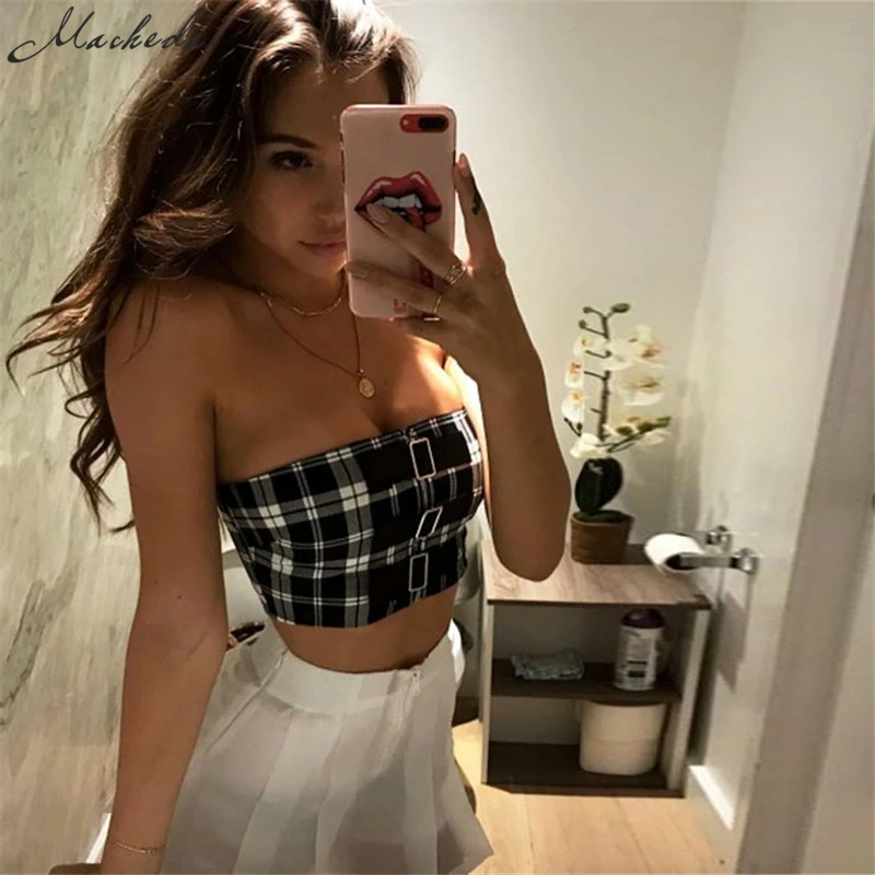 

Nibber 2018 New Arrived Classic Tank Tops Short Plaid Sexy Sleeveless Strapless Casual Brandy Melville Buckles Women Adress