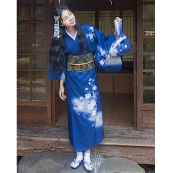 

Elegant Women Print Bathrobe Cosplay Costumes Traditional Japanese Kimono Yukata Clothing Classic Formal Long Robe Whith Obi