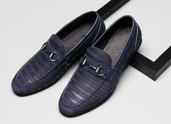 

Men Casual Fashion Flats Black Blue Red Runway Spring Autumn Slip On Real Leather Design Striped Loafers Buckles Man Flats