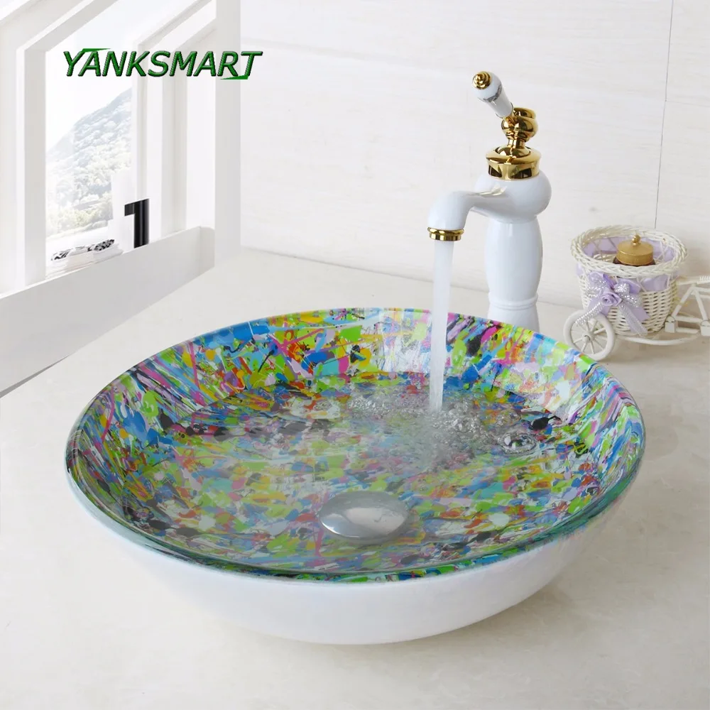 

YANKSMART Round Glass Artist Washroom Basin Vessel Vanity Sink Bathroom Washbasin Ceramic Golden Brass mixer Faucet Set