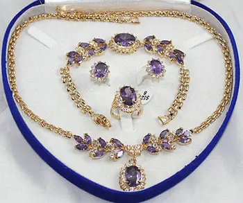 

Noble 18K GP Amethyst Zircon necklace , bracelet, ring set + box 5.23