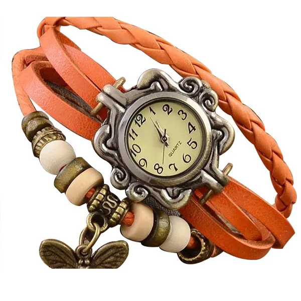 Коричневый ретро переплетение с узором Дамская бусина бабочка болтающийся браслет кварцевые наручные часы bayan kol saati apple band часы женские - Цвет: orange