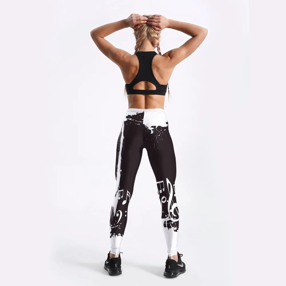 Qickitout Summer Style Fashion in Women Leggings Black and White Note Printed Leggings Mid Waist Pants Fitness Workout Leggings