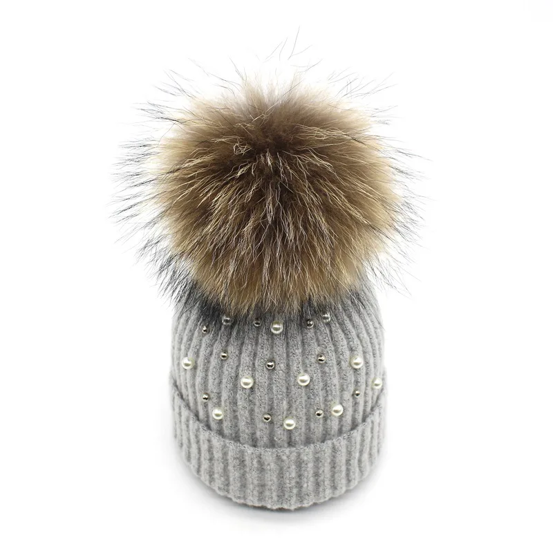 

2018 New winter wool knitted hat beanies with real mink fur pom poms Skullies natural raccoon Bobble Fur Pompom Pompon Hat caps