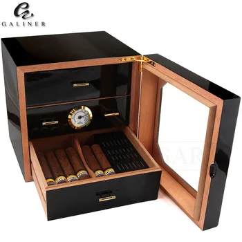 Black Glossy Cigar Humidor Box Cedar Wood Cigar Case W/ Humidifier Hygrometer Cigar Box Luxury Humidors For COHIBA Cigars 1