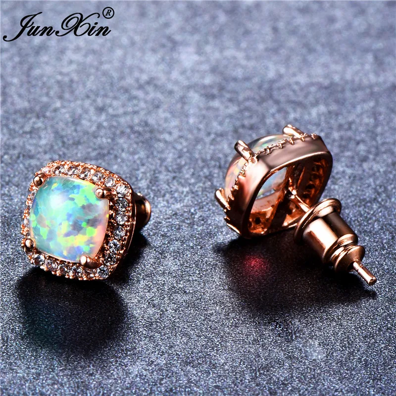 Boho Women Ladies White Fire Opal Earrings Rose Gold Filled Jewelry Vintage Double Zircon Wedding Stud Earrings