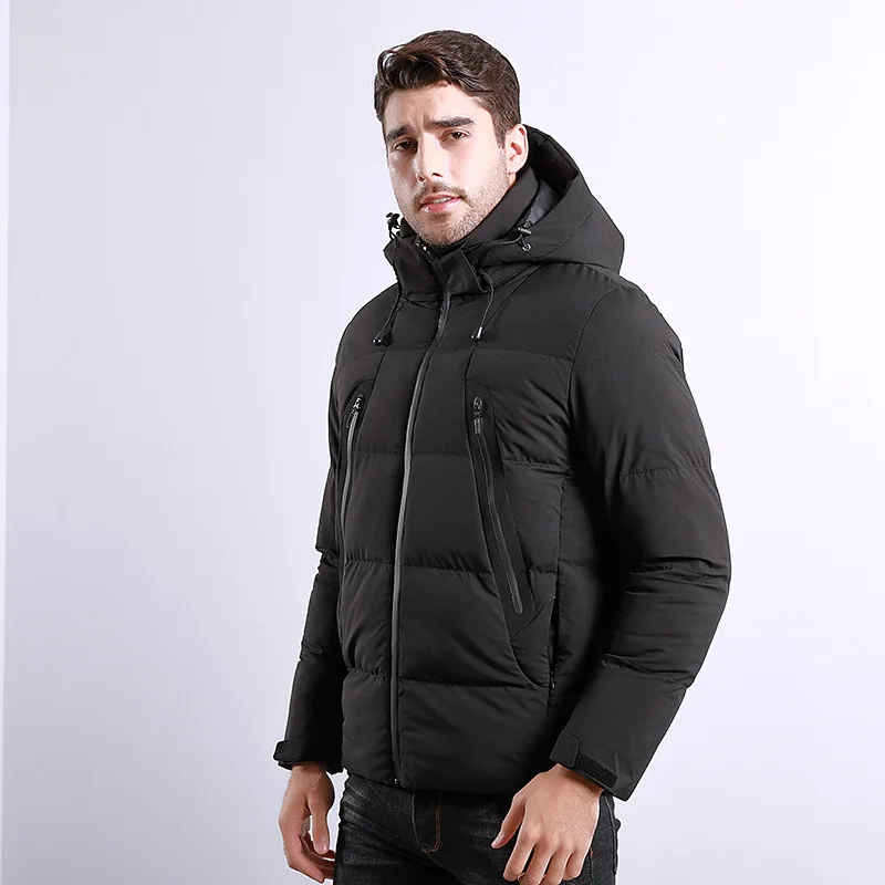 

Winter Mens Parkas Casual Thick Hooded Short Cotton Coat Solid Gray/Black/Dark Blue Warm Hat Detachable Zipper Outwear Plus Size