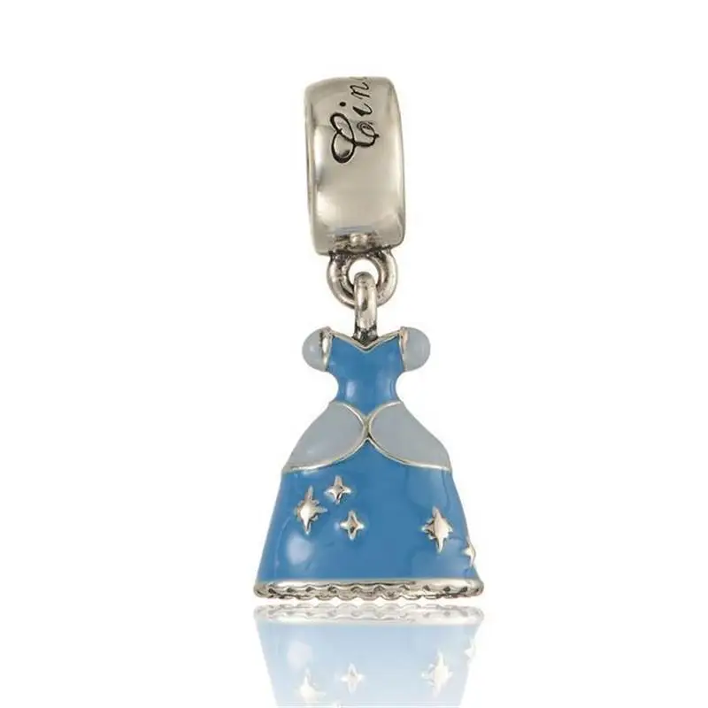 Cinderella Dress Silver Dangle Charm With Blue Enamel Compatible with
