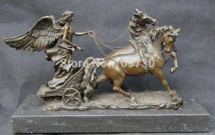 bir 003118 12&quot Chinese Bronze Two Horse Pull Angel Gal Girl Goddess wing marble base Statue | Дом и сад