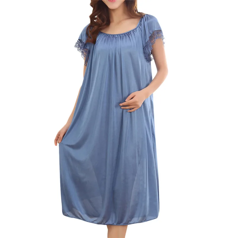 Women Summer Home Lace Ice Silk Short Sleeve Loose Nightgown Dress O Neck Lingerie Pajamas Dress One Size 40FE01 (27)