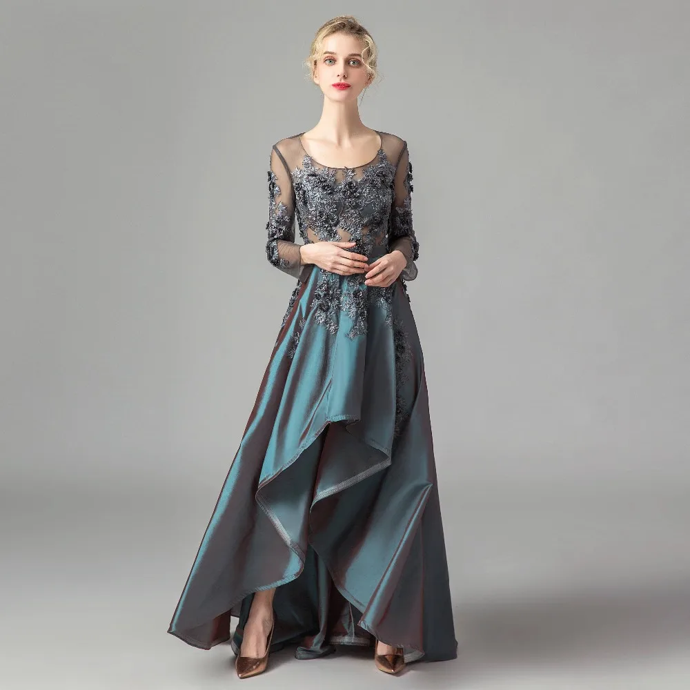 

ruthshen Magnificent Long Evening Dresses Sexy Transparent Top Asymmetrical Satin Prom Dresses Party Dresses Robe De Soiree 2019