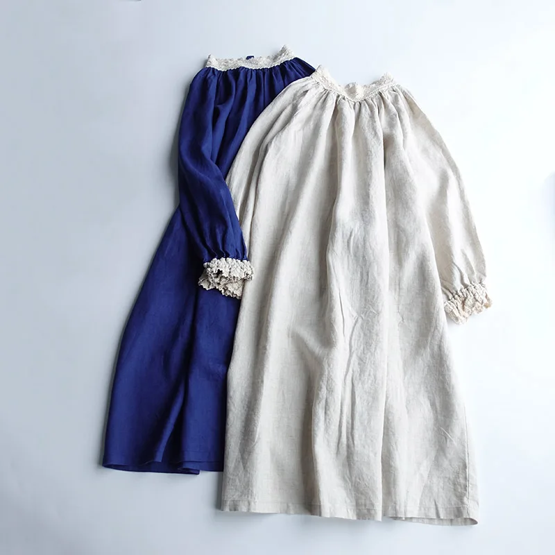

Spring Autumn Women Loose Plus Size Brief Comfortable Lace Patchwork Water Washed Linen Dresses