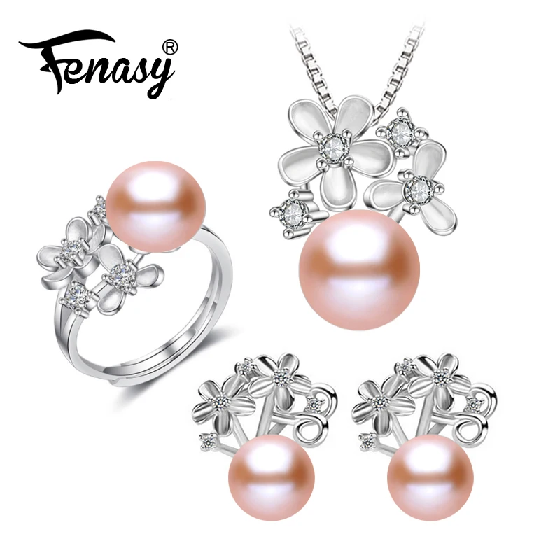 

FENASY Pearl Jewelry wedding engagement jewelry sets Natural Pearl pendant Necklace women/stud Earrings,flower party earrings
