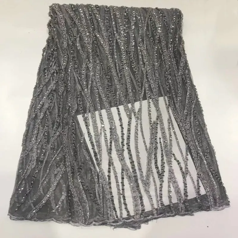 

French Sequins Net Lace Grey beaded lace Fabrics For Party Super Quality Handmade African Tulle Lace Fabric With Beads RG754