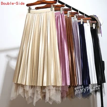 Весенне-осенняя Асимметричная фатиновая Лоскутная плиссированная сатиновая длинная юбка двухсторонняя одежда сетчатая плиссированная длинная юбка трапециевидной формы