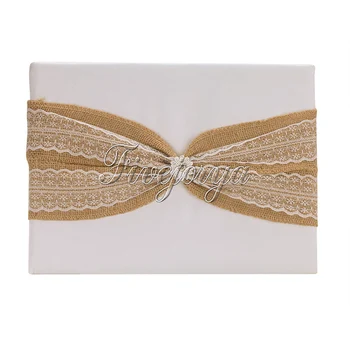 

Romantic Burlap Fabric Wedding Guest Book With Lace Bow for Banquet Birthday Party Reception Wedding Decor Gifts 16cm x 25cm