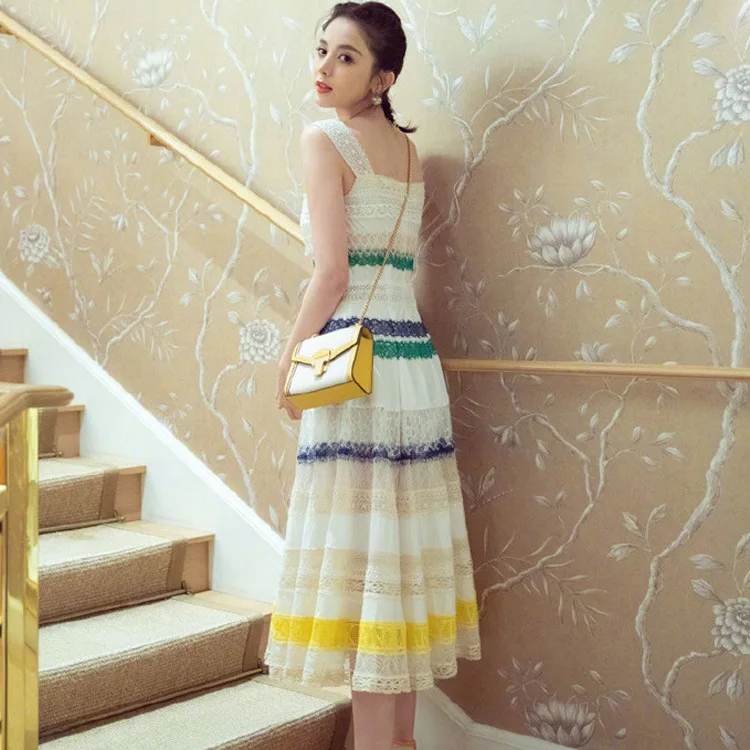

Runway Rainbow Lace Long Dress Summer 2019 Sexy Women Striped Hollow out Spaghetti Strap Long Holiday SunDress Robe boheme