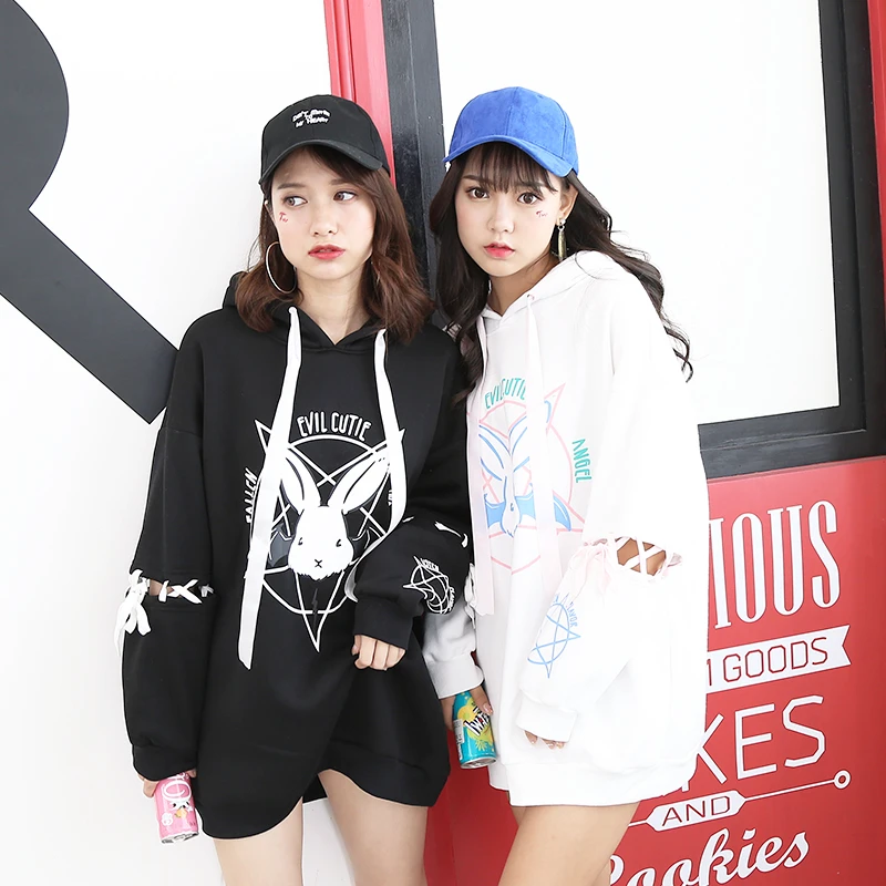  Harajuku Cute Lolita Women Tumblr Sweatshirt Rabbit Pentacle Print Lace Up Hoodies Loose Tracksuit 